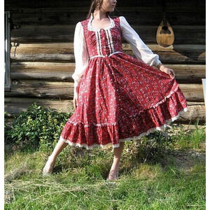 Gunne Sax Size 3 Cottagecore Prairie Midi Dress Vintage Floral Boho Lace‎ Farm